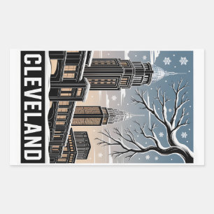 Sticker Rectangulaire Cleveland Ohio Skyline Hiver Gravure sur bois Noir