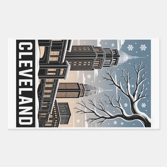 Sticker Rectangulaire Cleveland Ohio Skyline Winter Woodcut Black&White (Devant)