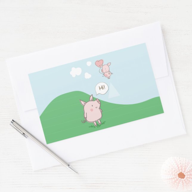 Sticker Rectangulaire Cochon Flottant mignon Dit Bonjour (Enveloppe)