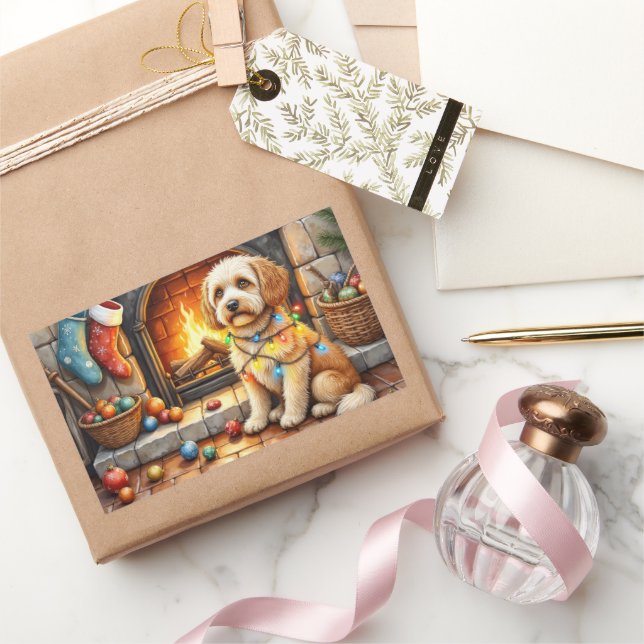 Sticker Rectangulaire Cockapoo assis près de la cheminée avec des lumièr (Cadeaux)