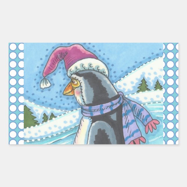 STICKER RECTANGULAIRE COEUR CHAUD FOND FROID, PENGUIN BÂTIMENTS DE NOËL (Devant)