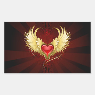 Sticker Rectangulaire Coeur rouge avec ailes d'or
