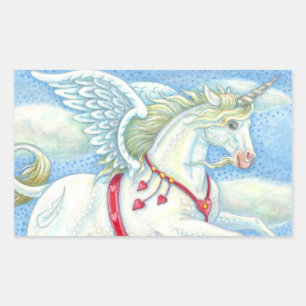 STICKER RECTANGULAIRE COEURS DE VOL UNICORN BLANC, IMAGINAIRE PEGASUS