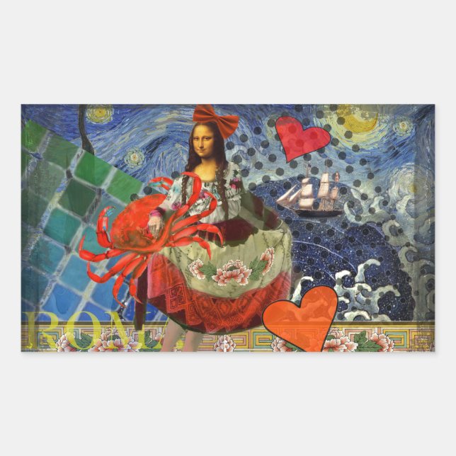 Sticker Rectangulaire Collage Nuit étoilée de Mona Lisa : Surréalisme fa (Devant)