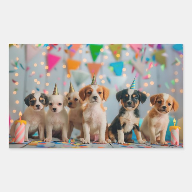 Sticker Rectangulaire Conception de célébration d'anniversaire de chiots (Devant)