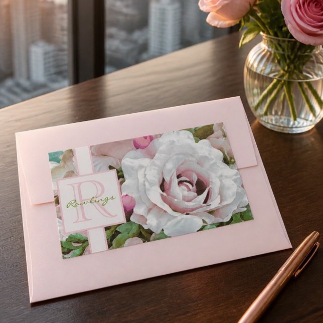 Sticker Rectangulaire Conception florale | Rose rose | Monogramme (Créateur téléchargé)