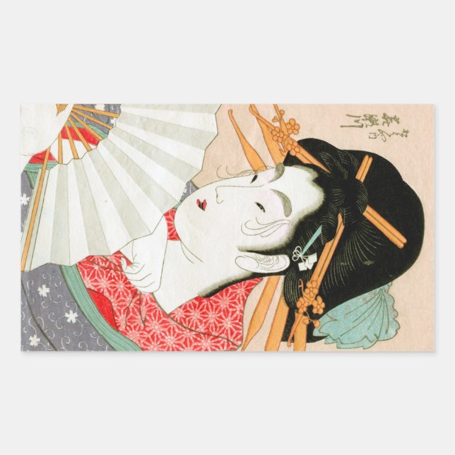 Sticker Rectangulaire Cool japonais en bois geisha avec fan art (Devant)