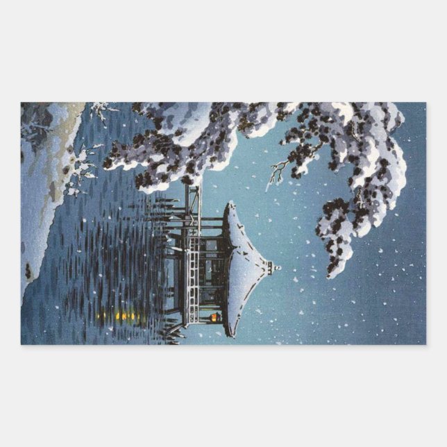 Sticker Rectangulaire Cool oriental japonais côté fleuve hiver scène art (Devant)