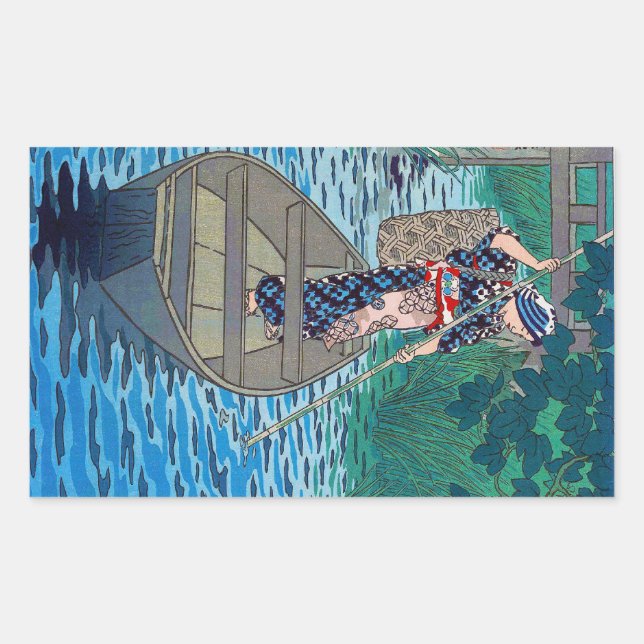 Sticker Rectangulaire Cool orientale japonaise rivière femme de pêche (Devant)