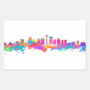 Sticker Rectangulaire Copie d'art d'aquarelle de l'horizon de Seattle