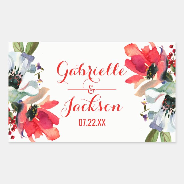 Sticker Rectangulaire Coral Rouge Poppy Floral Mariage Monogramme (Devant)