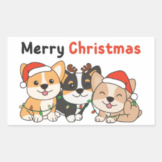 Sticker Rectangulaire Corgi Christmas Animaux mignons Chiens Joyeux Noël