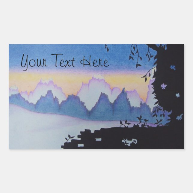 Sticker Rectangulaire Coucher de soleil de montagne bleu paysage d'art a (Devant)