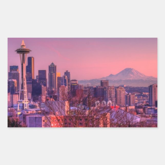Sticker Rectangulaire Coucher de soleil derrière Seattle depuis Kerry Pa (Devant)
