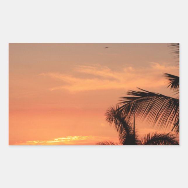 Sticker Rectangulaire Coucher de soleil hawaïen orange, oiseaux et palmi (Devant)