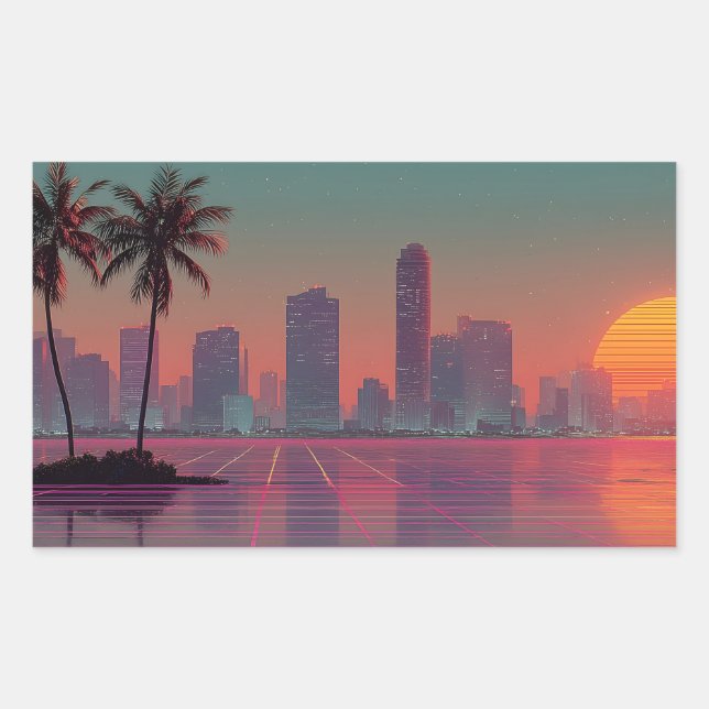 Sticker Rectangulaire Coucoucher de soleil Retro Synthwave Cityscape (Devant)
