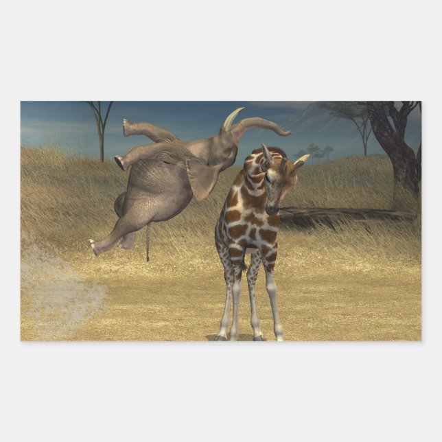 Sticker Rectangulaire Coups d'éléphant sur la girafe (Devant)