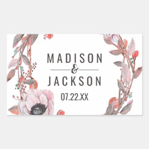 Sticker Rectangulaire Couronne florale pêche à plumes Bohème Monogramme