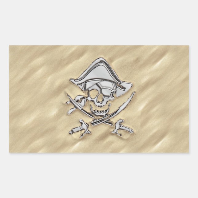 Sticker Rectangulaire Crâne de pirate d'argent dans le décor de sable (Devant)
