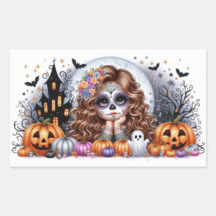 Sticker Rectangulaire Crâne de sucre mou Hauné scène Halloween