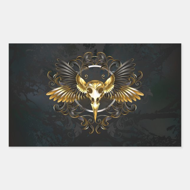 Sticker Rectangulaire Crâne d'oiseaux dorés sur arrière - plan noir (Devant)