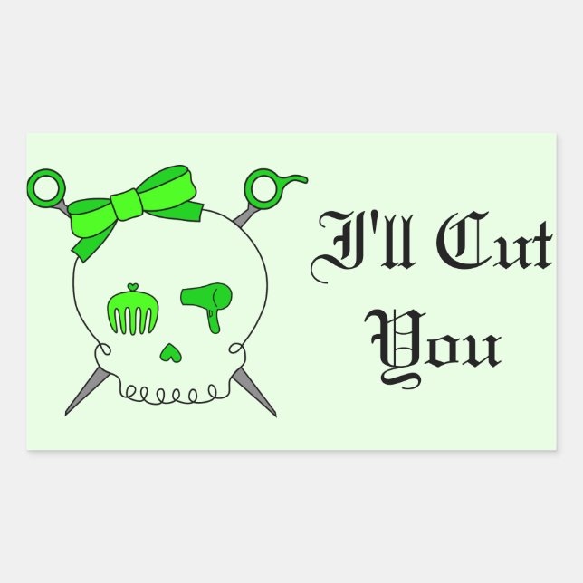 Sticker Rectangulaire Crâne et ciseaux d'accessoires pour cheveux (vert  (Devant)