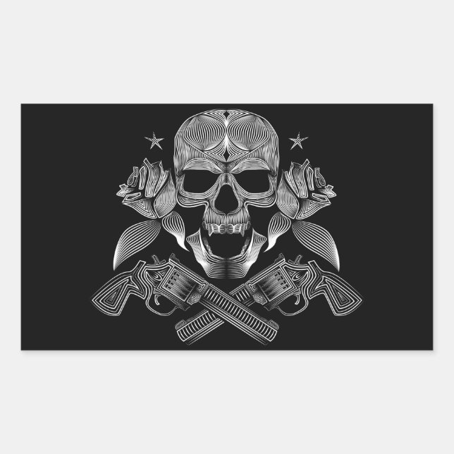 Sticker Rectangulaire Crâne et étoiles avec Roses et fusils croisés (Devant)