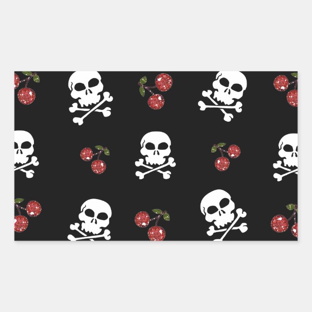 Sticker Rectangulaire Crânes et cerises Rockabilly RAB sur fond noir (Devant)