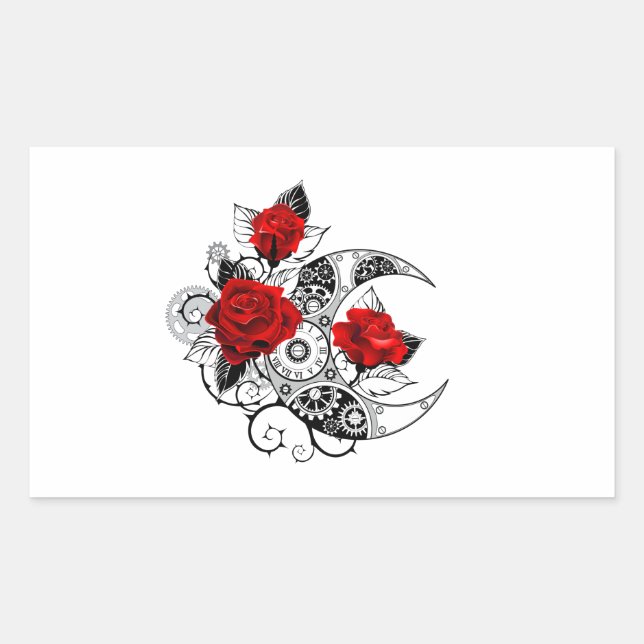 Sticker Rectangulaire Croissant mécanique avec roses rouges (Devant)