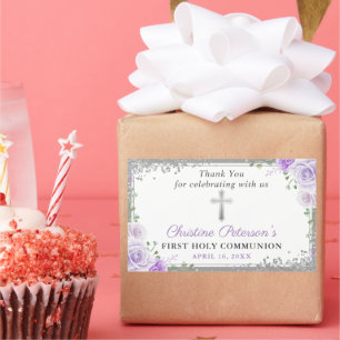 Sticker Rectangulaire Croix d'argent violet florale première sainte comm