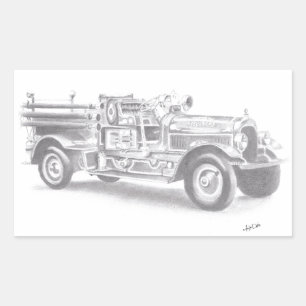 Sticker Rectangulaire croquis de camion de pompiers vintage dessiné à la