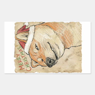 Sticker Rectangulaire Croquis rustique vintage de Shiba Inu pour Noël -