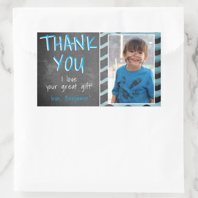 Sticker Rectangulaire Cute Blue Chalkboard Anniversaire Photo Merci (Sac)