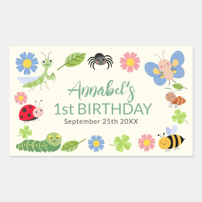 Sticker Rectangulaire Cute Bug Ladybug Buttefly Kids 1st Birthday  (Devant)