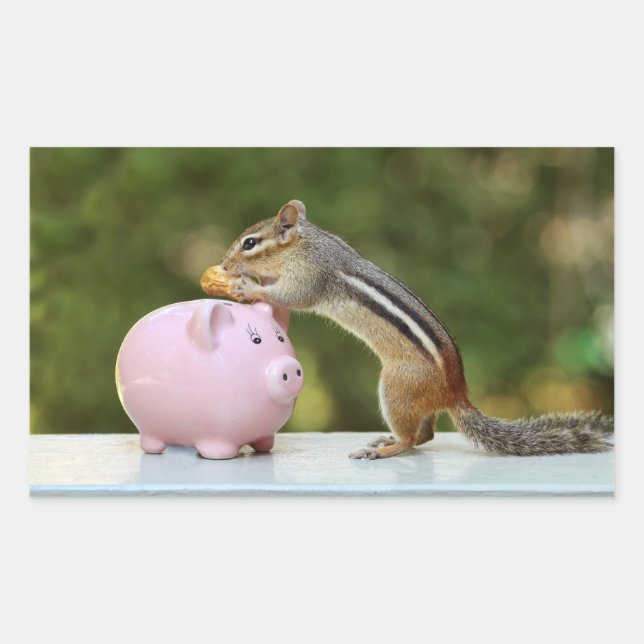 Sticker Rectangulaire Cute Chipmunk avec Funny Money Piggy Bank Photo (Devant)