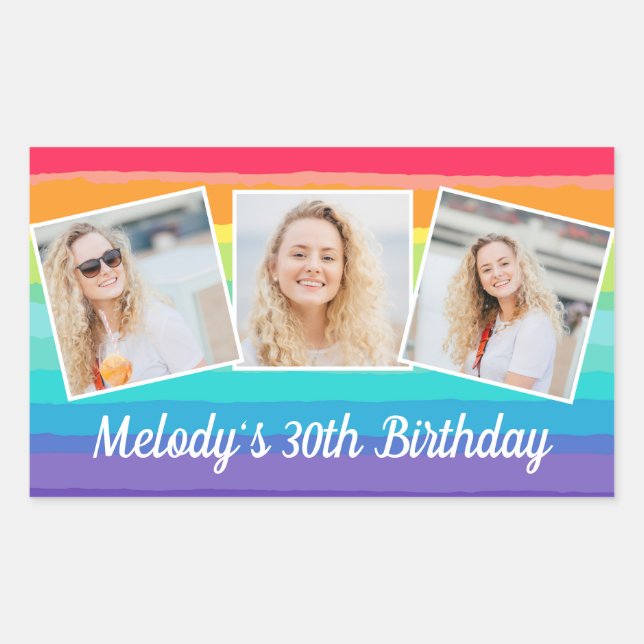 Sticker Rectangulaire Cute Rainbow Photo Collage Personnalisé Anniversai (Devant)