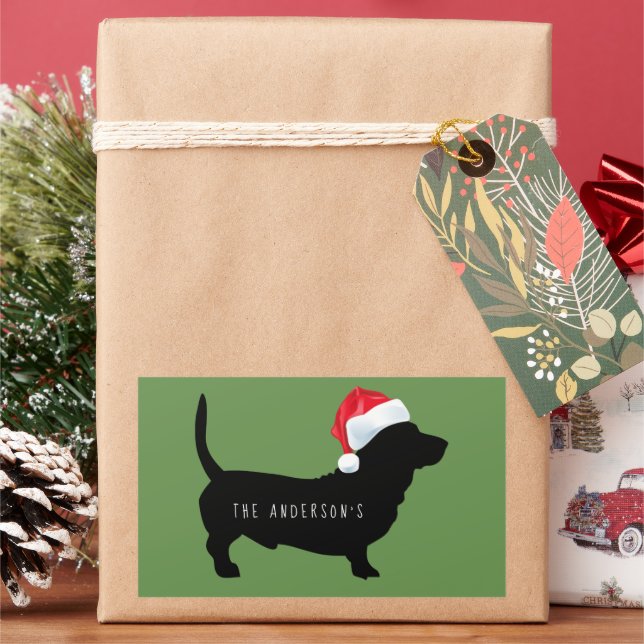 Sticker Rectangulaire Dachshund de Noël chapeau de Père Noël Monogramme (vacances)