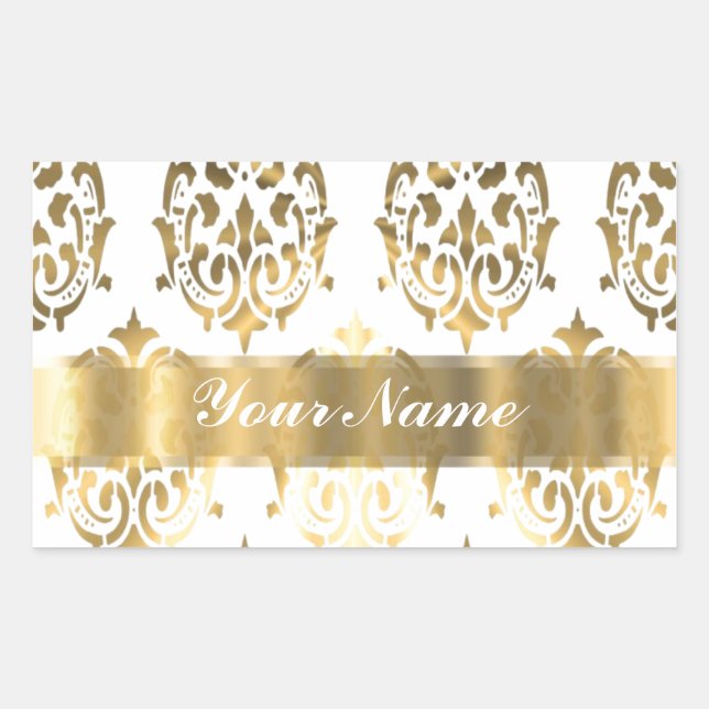 Sticker Rectangulaire Damas blanc et or (Devant)