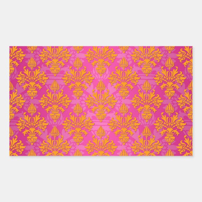 Sticker Rectangulaire Damas floral orange vif et rose (Devant)