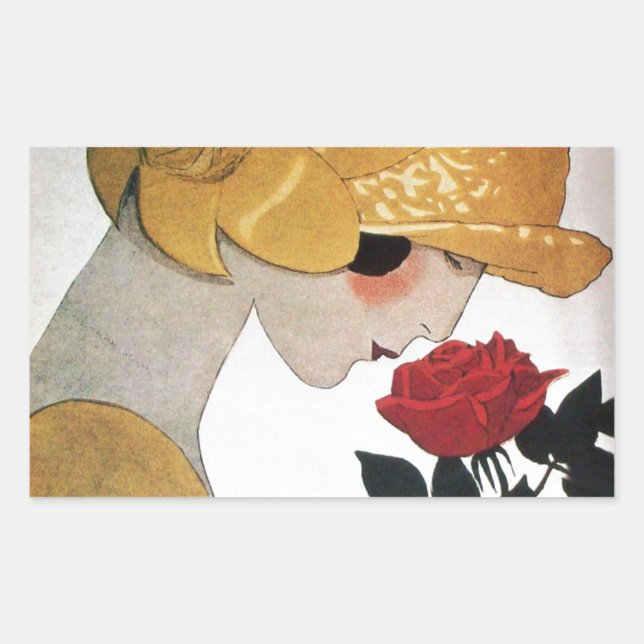 STICKER RECTANGULAIRE DAME AVEC ROSE ROUGE (Devant)