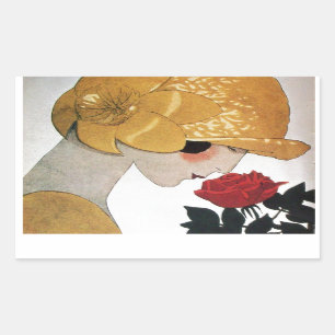 STICKER RECTANGULAIRE DAME AVEC ROSE ROUGE