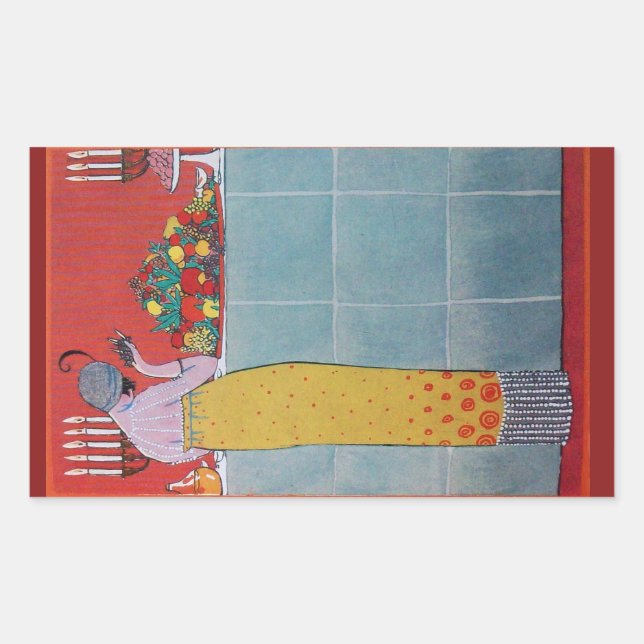 STICKER RECTANGULAIRE DAME ET FRUITS TABLE SET ART DÉCO BEAUTÉ MODE (Devant)