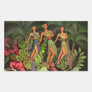 Sticker Rectangulaire Danseuses Hula Vintage Hawaï Rétro Arbre Tiki Palm