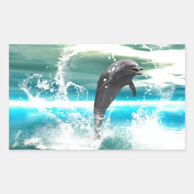 Sticker Rectangulaire Dauphin saut dans la mer avec des vagues comme coe (Devant)