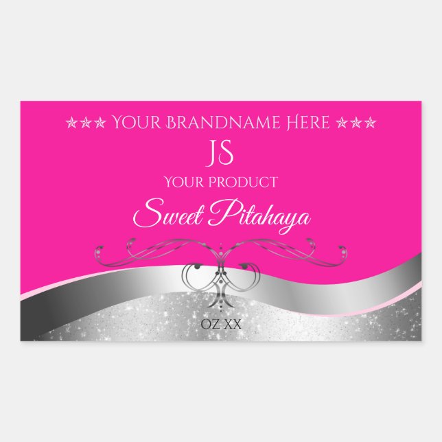 Sticker Rectangulaire De Luxe Wavy Silver Decor Hot Rose Monogram Étique (Devant)