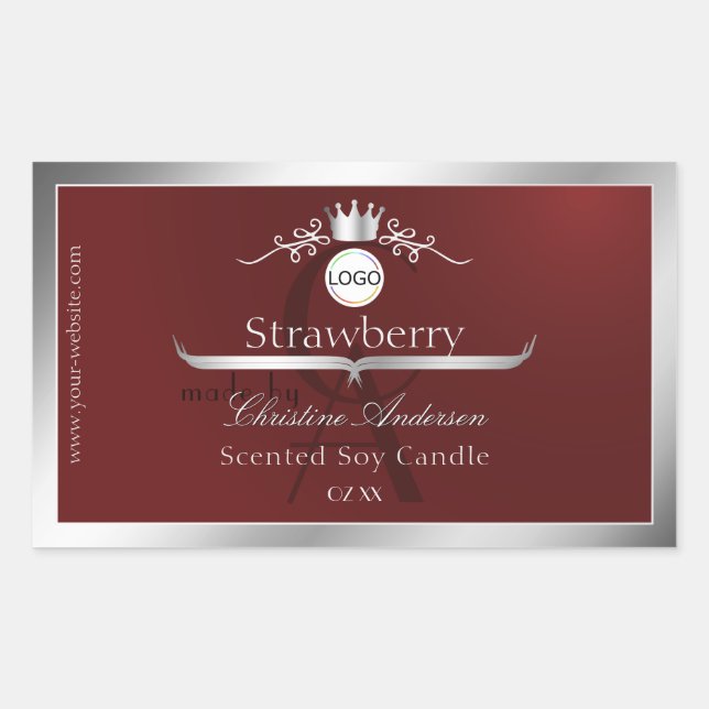 Sticker Rectangulaire Deep Red Product Label Silver Frame Logo Monogram (Devant)