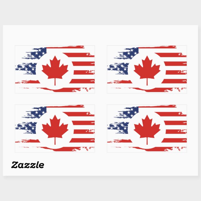 Sticker Rectangulaire Demi-Canadien Américain : Canada USA Maple Leaf (Feuille)