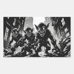 Sticker Rectangulaire Démons Gobelins Ville Abandonnée BW Style Comic Ré