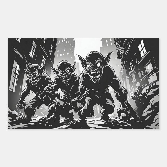 Sticker Rectangulaire Démons Gobelins Ville Abandonnée BW Style Comic Ré (Devant)