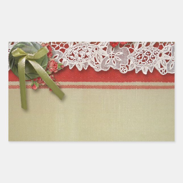 Sticker Rectangulaire Dentelle Rose Antique Rouge Rustique Burlap Victor (Devant)